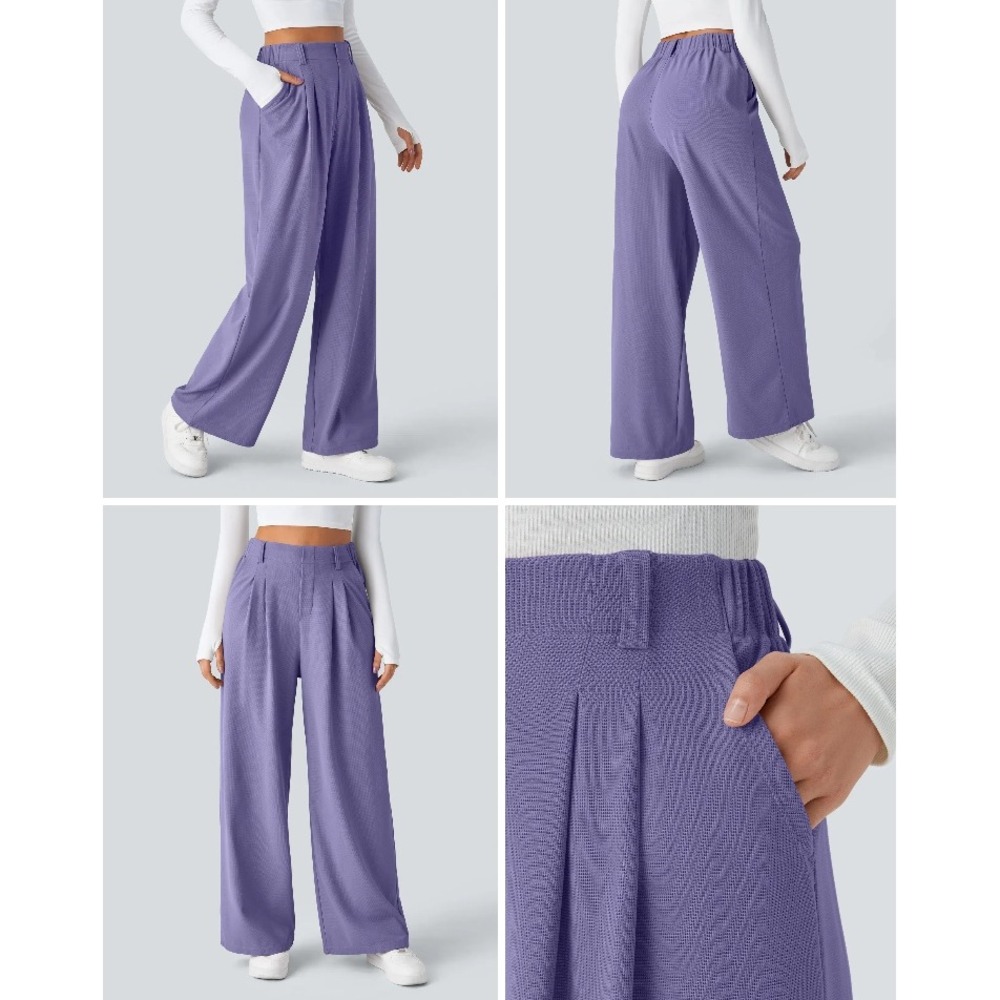 Halara Pants Women S Petite Purple Waffle Knit Pleated Flex High Waisted Work